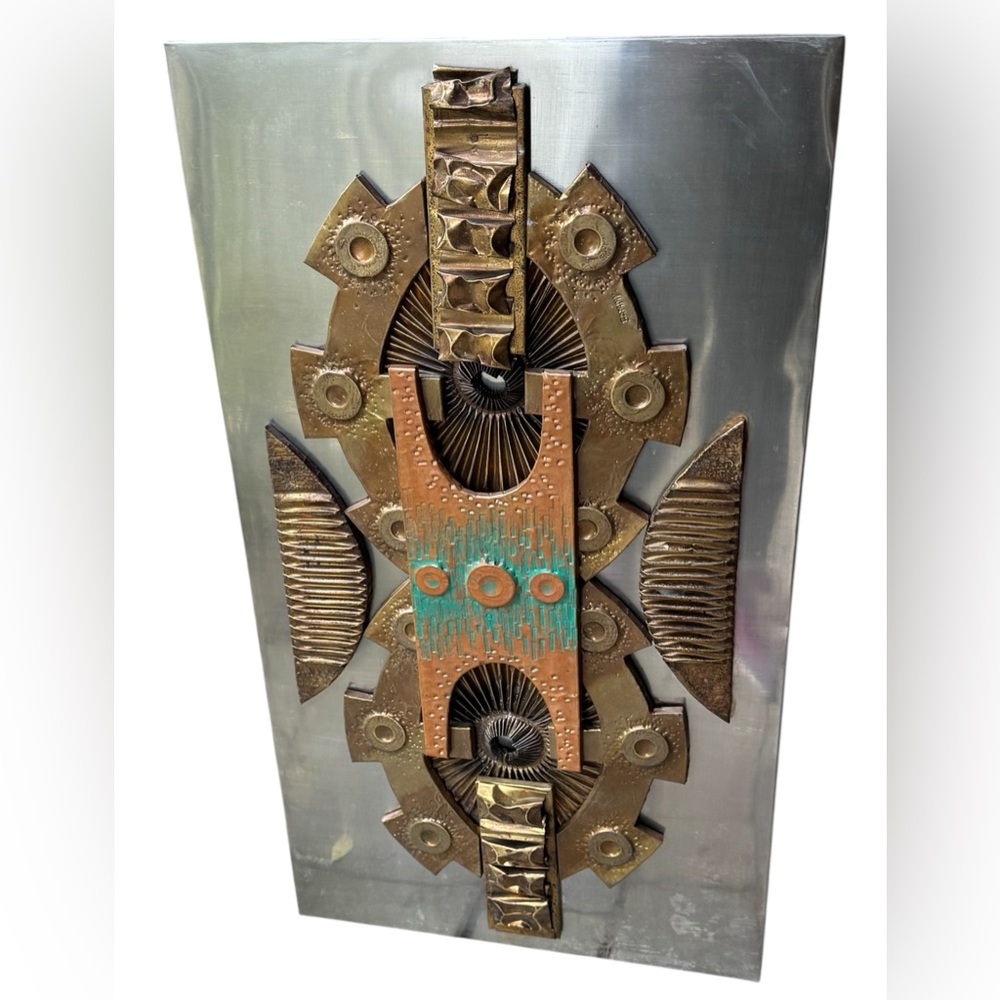 Vintage 1970s Brutalist Mixed Media Metal Abstract Wall Art Signed